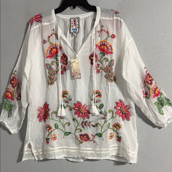 Johnny Was Tops - Johnny Was White Embroidered Floral Tunic with Pink and Green Accents